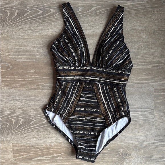 MIRACLESUIT Striped Metallic Plunge One-Piece Swimsuit 8 - Picture 2 of 10